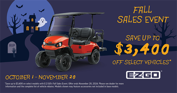 Save up to $3,400 on select E-Z-GO models until November 20. Stop by your local dealer and start driving one of the most reliable vehicles on the market. See below for how much you can save today.